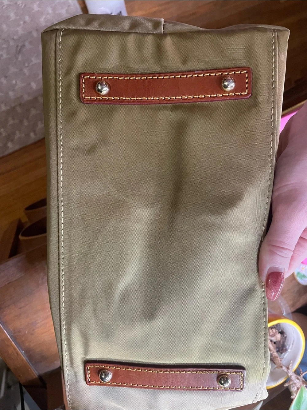 Dooney & Bourke Olive and Brown Leather Satchel With Purple Trim